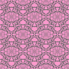 seamless graphic pattern, floral gray ornament tile on pink background, texture, design