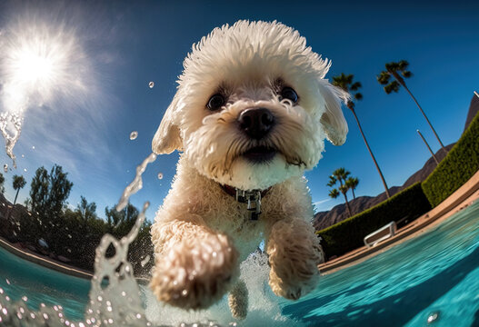 fisheye lens captured a cute Bichon Havanais puppy dog, having fun in the water, looking into camera, splashing, happy.