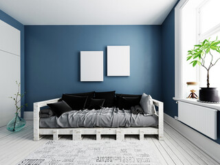 Mock up compact living room with stylish modern sofa and trendy original background, 3d rendering.
