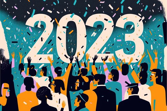 A lively New Year's Eve party, with people dancing, celebrating, and counting down to midnight as the year turns from 2022 to 2023 Hogmanay illustration