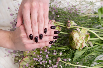 female hands with beautiful dark burgundy manicure hold a bouquet of gypsophila