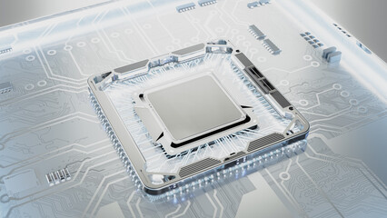 Abstract white circuit board. Space on processor or cpu Can be used text input or banner related to innovation and industry technology. 3D Render.