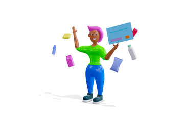 3d render. A girl with a plastic card makes purchases. cartoon style
