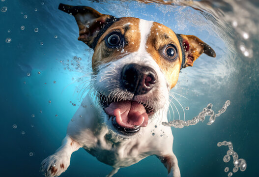 fisheye lens captured a cute Jack Russell dog, having fun in the water, looking into camera, splashing, happy.