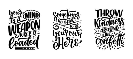 Set with hand drawn motivation lettering quotes in modern calligraphy style. Inspiration slogans for print and poster design. Vector