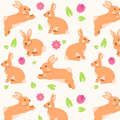 Cute seamless pattern with little rabbit and flowers