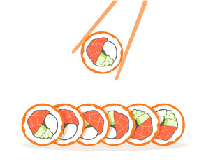 Chopsticks holding a peace of sushi set