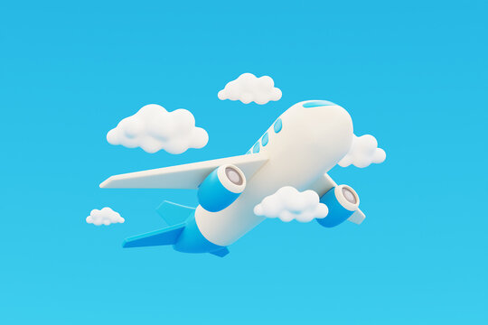 3D Airplane flying in clouds, Tourism and travel concept, holiday vacation, Family camping, nature journey, 3d render.