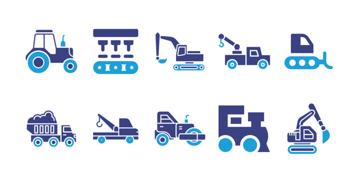 Machinery icon set. Duotone color. Vector illustration. Containing bulldozer, tow truck, digger, conveyor belt, tractor, excavator, train, steamroller, dump truck.