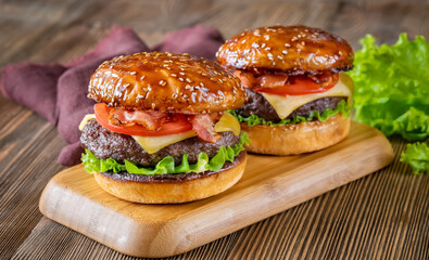 Hamburgers on the wooden board