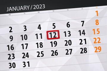 Calendar 2023, deadline, day, month, page, organizer, date, january, thursday, number 12