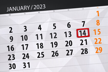 Obraz premium Calendar 2023, deadline, day, month, page, organizer, date, january, saturday, number 14