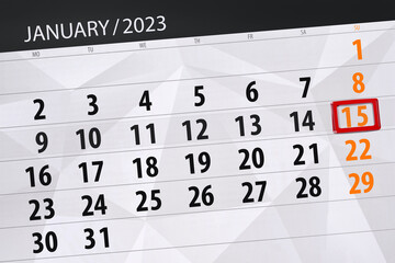 Obraz premium Calendar 2023, deadline, day, month, page, organizer, date, january, sunday, number 15