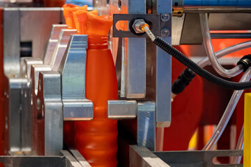 The orange bottle container manufacturing process by blow mold machine.