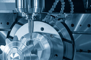 The 5-axis CNC milling machine  cutting the metal gear part.