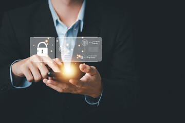 Username and password (Login) with biometric identification fingerprint scanner, encryption for technology cyber security internet and networking system. Businessman with smartphone.
