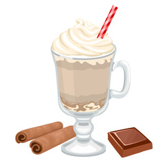 Hot chocolate in a glass isolated on a white background. Vector drinks ingredients set. Winter cocktail with chocolate, cocoa powder, milk, sugar. Classic winter hot cocoa or drinking chocolate.