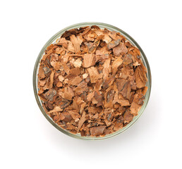 Pine bark mulch chips in glass bowl