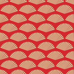 Fototapeta na wymiar Chinese fan seamless pattern on red background. Happy Lunar New Year. Oriental wallpaper.