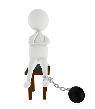 3d character sitting ina chair , leg tied to a weight