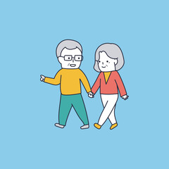 手を繋いで散歩する仲良し老夫婦のイラスト素材｜mayucolor09