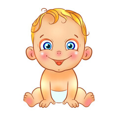 A baby in a diaper. A cheerful kid is sitting. Cartoon-style illustration