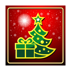 Christmas icon with gift box and fir tree. Vector celebration decoration
