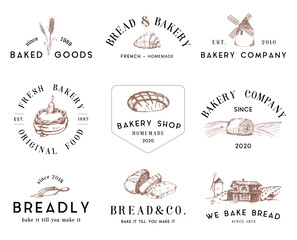 Bakery logos set with vintage vector illustrations