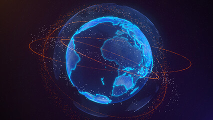 Worldwide network connection. Global blue background of planet Earth. Big data. High-tech user interface. 3d rendering.