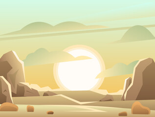 Cliffs empty view. Sunset or sunrise. Rocky landscape with stones. Cartoon fun style. Flat design. Vector