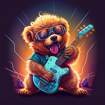 cute stylized cartoon teddy bear rock musician with glasses. generative AI