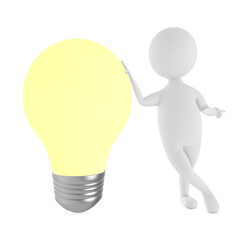 3d character , man presenting a illuminated bulb