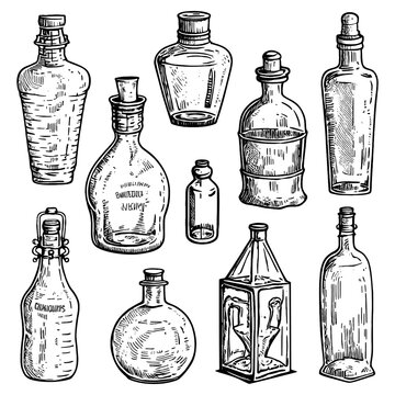 Vector illustration of a different bottles set. Vintage engraving style.