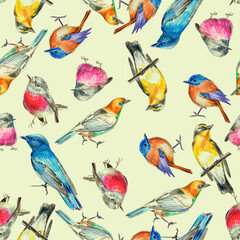 Seamless potter with drawings of multi-colored birds