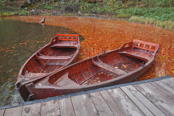 Two small wooden boat anchored in Biogradsko lake, Montenegro