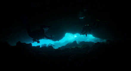 Underwater cave exit in the  Northern Atlantic Ocean on the coast of the island Tenerife, one of the Canary Islands