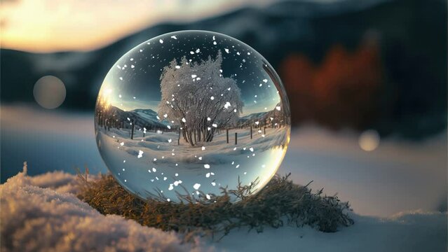 Snow globe in a snowy landscape with snow and trees
