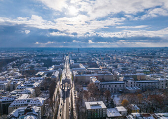 Aerial view of a wintry Munich cityscape