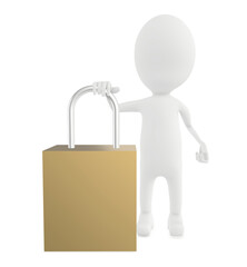 3d white character leaning his hand over a lock