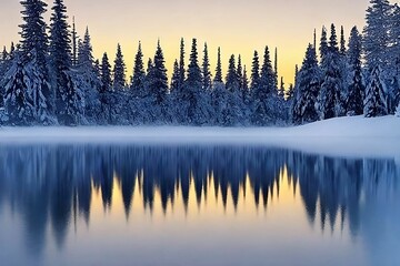 Beautiful 3D Nature and landscape wallpaper of a winter morning, ice pine trees, and a river view with sunshine, Christmas season, frozen ice, ambient calm nature  