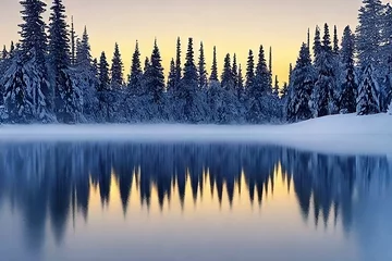 Keuken foto achterwand Mistig bos Beautiful 3D Nature and landscape wallpaper of a winter morning, ice pine trees, and a river view with sunshine, Christmas season, frozen ice, ambient calm nature  