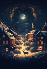 Town decorated for Christmas and a deer, night landscape with the moon and stars, AI generated image