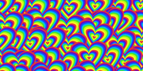 Abstract rainbow trippy psychedelic seamless pattern in 70s hippie style. Colorful vector retro weird background. Crazy psychodelic illustration. Hallucination wallpaper. Vintage party graphic