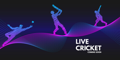 Live Cricket Championship League match poster or banner concept. An abstract wave design element. Background of stylized line art. batsman, bowler, fielder in background.