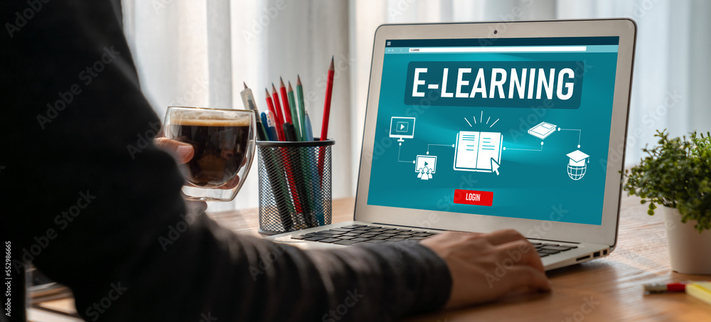 Poster e-learning website with modish sofware for student to study online on the internet network