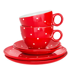 Rotes Geschirr mit 2 Tassen und Tellern Hintergrund transparent PNG cut out
