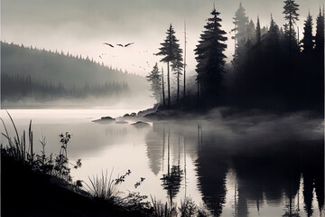morning mist over the river. Designed using Generative AI.