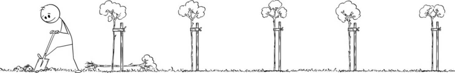 Gardener Planting Alley or Avenue of Trees, Vector Cartoon Stick Figure Illustration