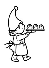 Vector outline illustration with Santa's elf carrying buns on a tray. Coloring page with a fairy-tale character baking treats for Christmas
