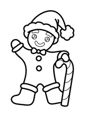 Vector outline illustration of gingerbread man in Santa's hat with candy striped stick isolated on white. Coloring page with traditional Christmas treat.